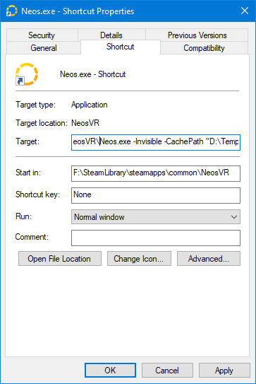 Setting custom launch options for a Shortcut